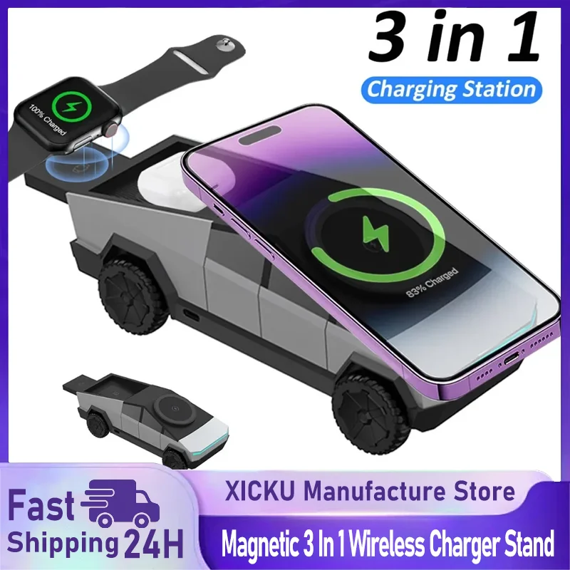 

Настольная подставка Qi2 3 в 1 Беспроводная зарядная станция для Magsafe iPhone 16 ~ 12 Apple Watch 10 ~ 2 Galaxy Watch 7 6 SE AirPods 4 Pro