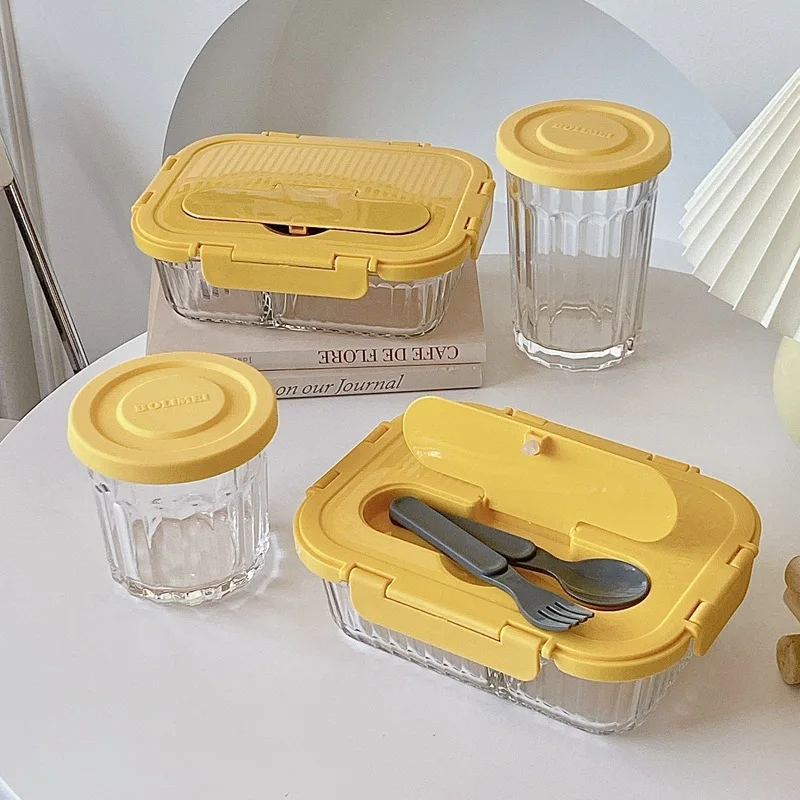 Fiambrera de vidrio Bento, grano Vertical, horno microondas de alto borosilicato, cuenco separado para mantenimiento fresco, contenedores sellados para almacenamiento de alimentos