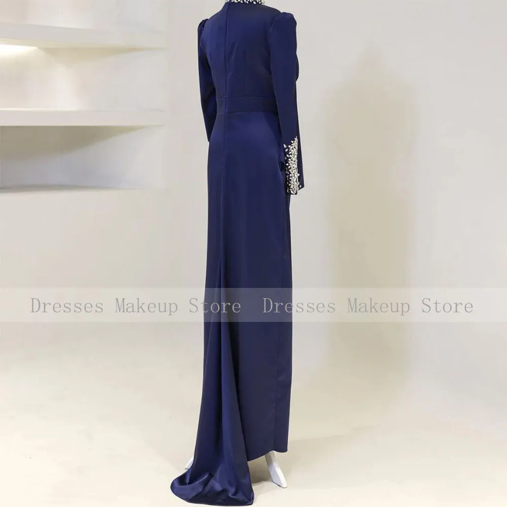 Modest Evening Dress Crystals High Collar Long Sleeves Column Evening Gowns for Women 2024 Navy Blue Satin Wedding Party Dresses