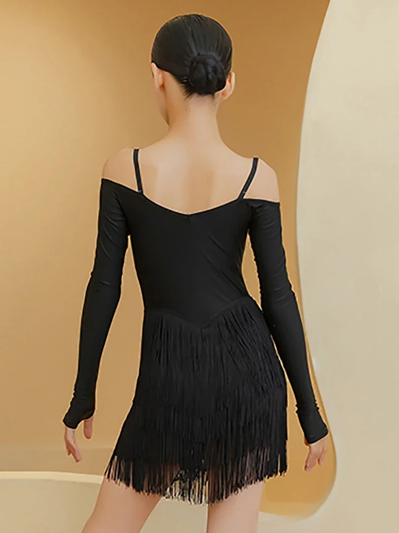 어린이 꽃무늬 컷아웃 숄더 메쉬 태슬 라틴 댄스웨어 키즈 걸스 룸바 연습복 공연 경연 의상