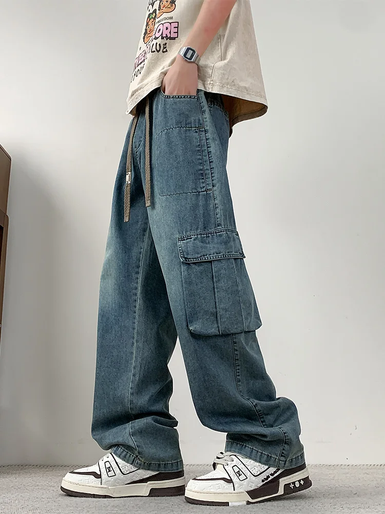 

Summer Men's Cargo Jeans 8XL 7XL 6XL Plus Size Flap Pockets Wide Leg Y2K Baggy Denim Pants Drawstring Straight Jeans Trousers