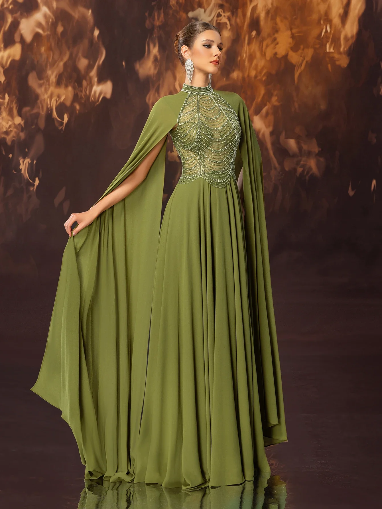 여성 정장 연회 이브닝 드레스 화려한 쉬폰 네일 비즈 스탠드 업 칼라, 울트라 긴 소매 이브닝 드레스 맞춤형