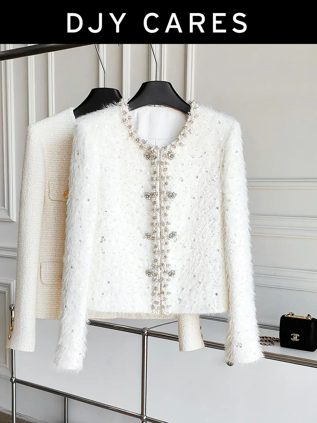 

New Coarse woolen heavy industry sequin bead white coat, exquisite and gentle top big size