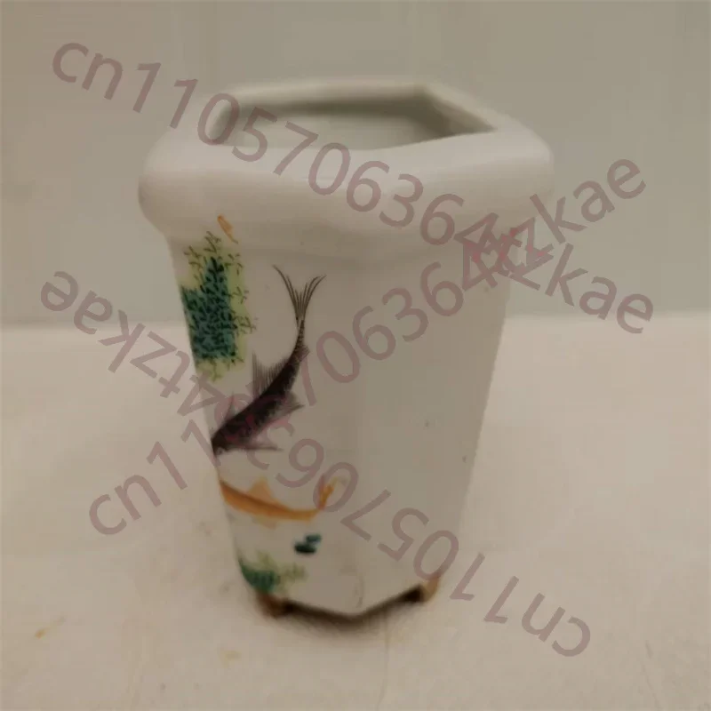 Traditional Chinese Porcelain Hexagonal Flower Pot Pink Fish Pattern Decorative Planter for Home Garden