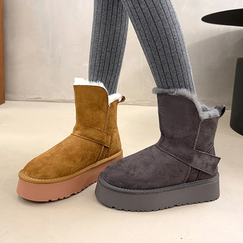 أحذية الثلوج النسائية الشقق منصة أحذية رياضية دافئة الفراء الجلد المدبوغ قصيرة أفخم أحذية الشتاء 2025 جديد غير رسمي جديد الكاحل بوتاس دي Mujer #5