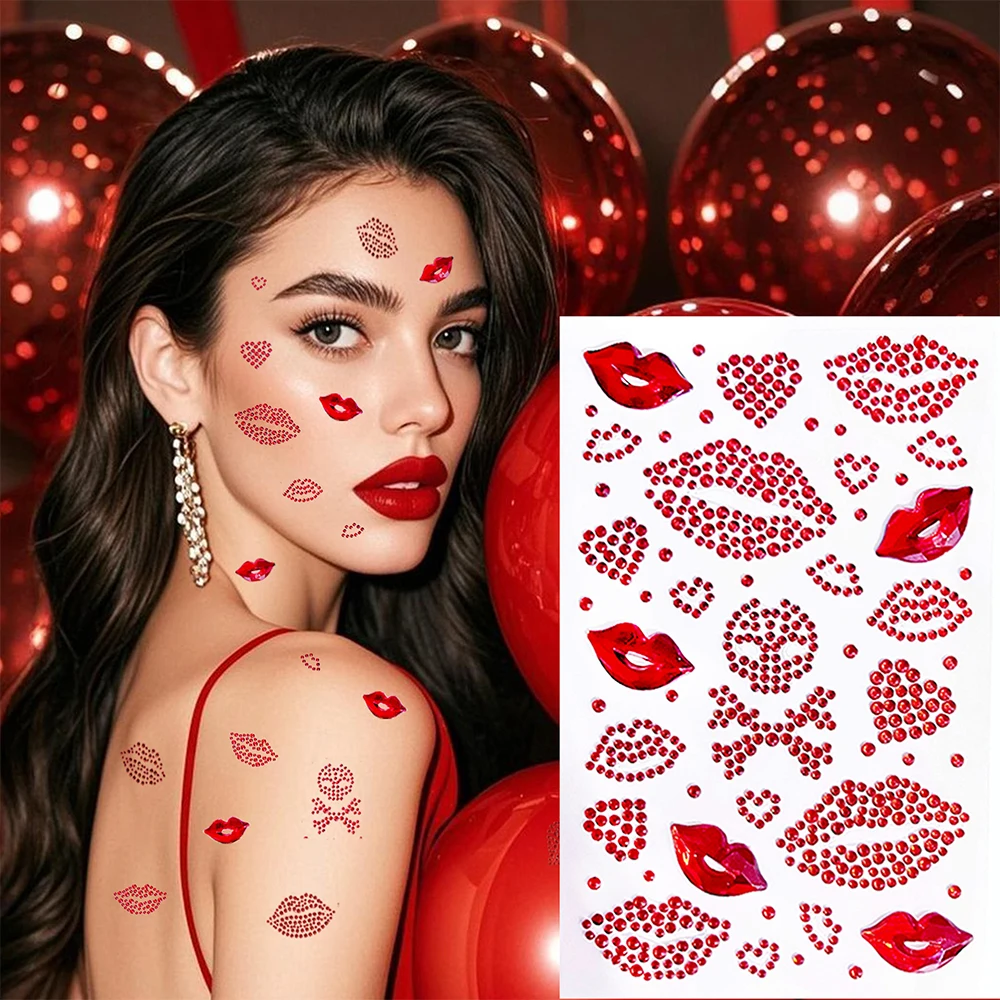 

1Pcs Valentine's Day Lip Temporary Tattoo Sticker 3D Heart Love Kiss Red Lips Rhinestones Body Jewelry Sticker DIY Tattoo Gem#&*