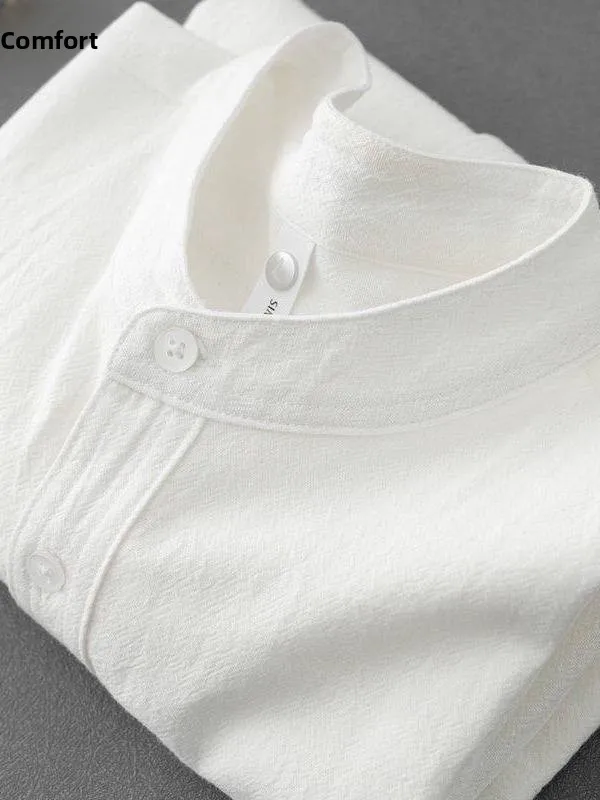 

Men's Summer ort Sve Cotton Linen irt Henry Collar Stand up Pure Color Linen Boting Top Light Beige White