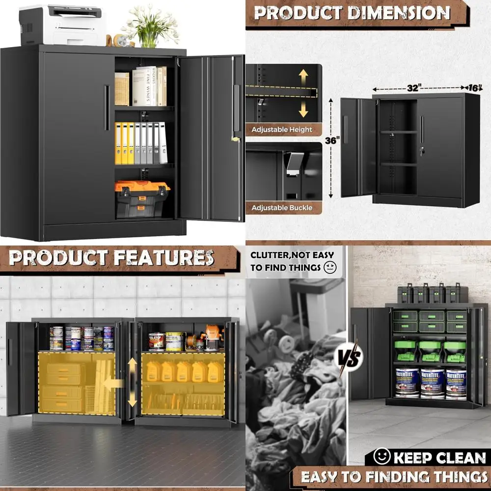 خزانة تخزين فولاذية قابلة للقفل مقاس 36 بوصة مع بابين وأرفف قابلة للتعديل وخزانة ملفات معدنية لتنظيم المرآب