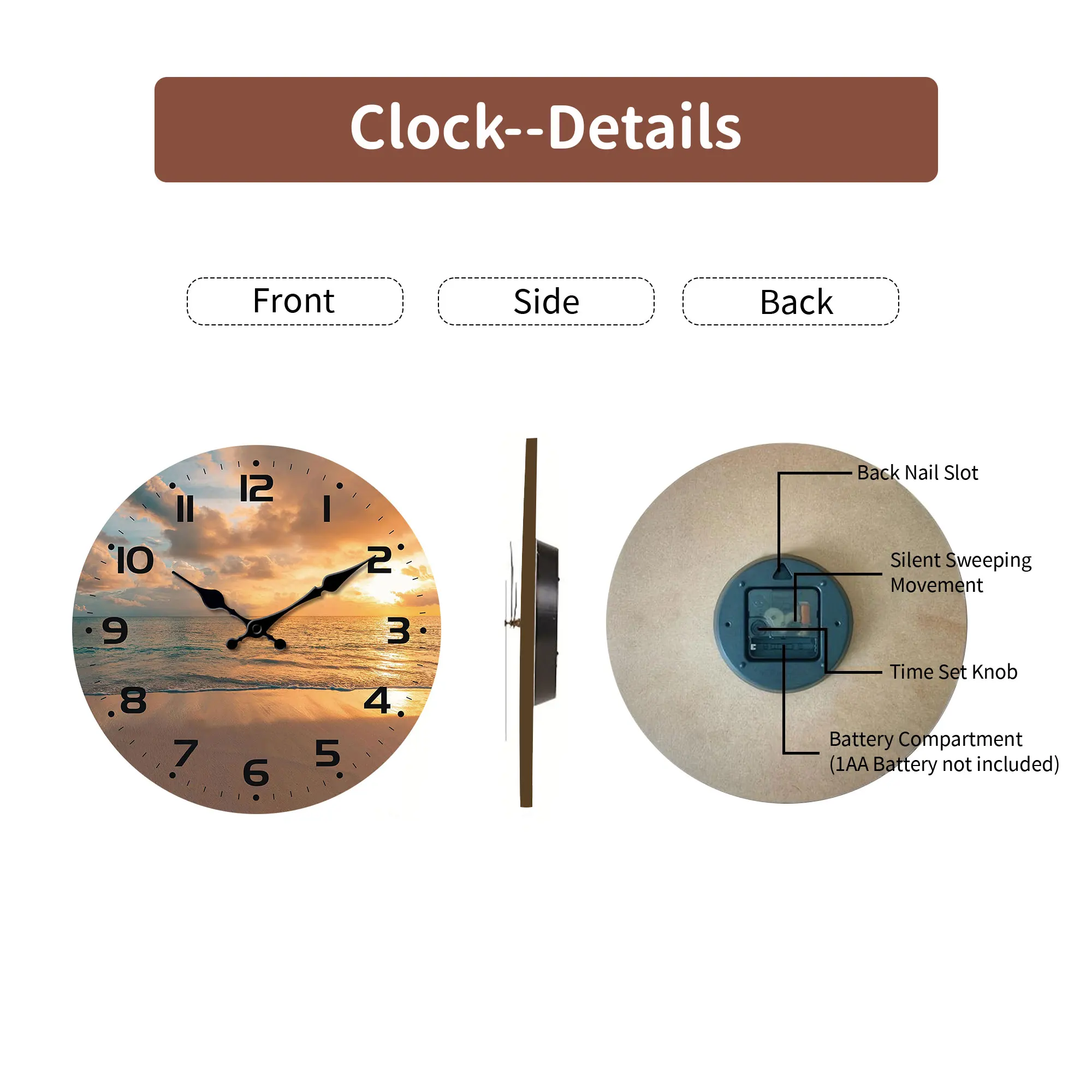 غروب الشمس على الشاطئ مع ساعة حائط صامتة، ساعة حائط خشبية مستديرة، مناسبة لغرفة المعيشة وغرفة النوم وديكور الغرفة،