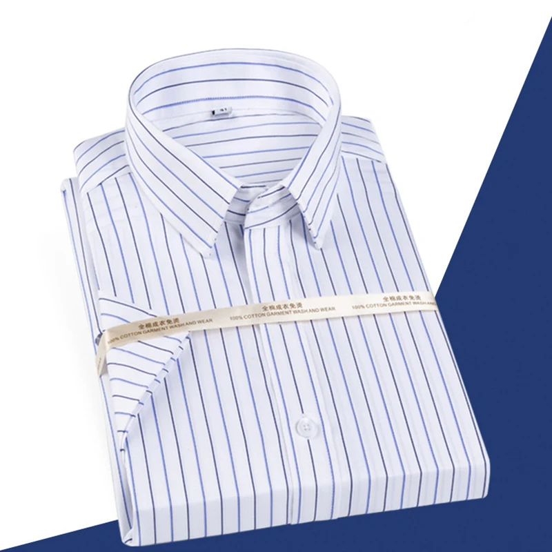 Luxury Men\'s Non-Iron Dress Shirt Summer 100% Cotton Striped Short Sleeve Shirts Business Casual Formal Tuxedo Blouse Top