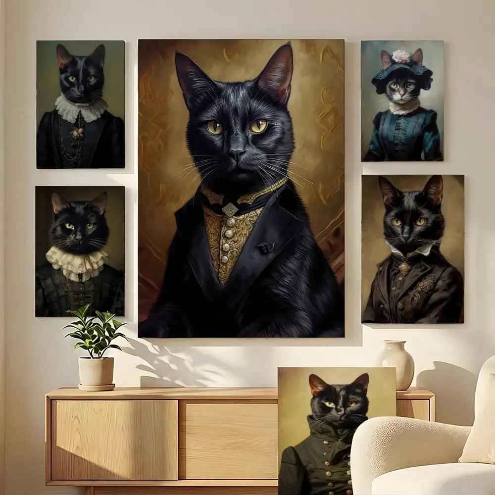Renaissance Cat Portrait Black Cat  Painting Calligraphy Wall Art HD Canvas Posters Prints Home Bedroom Living Room Decor Gift
