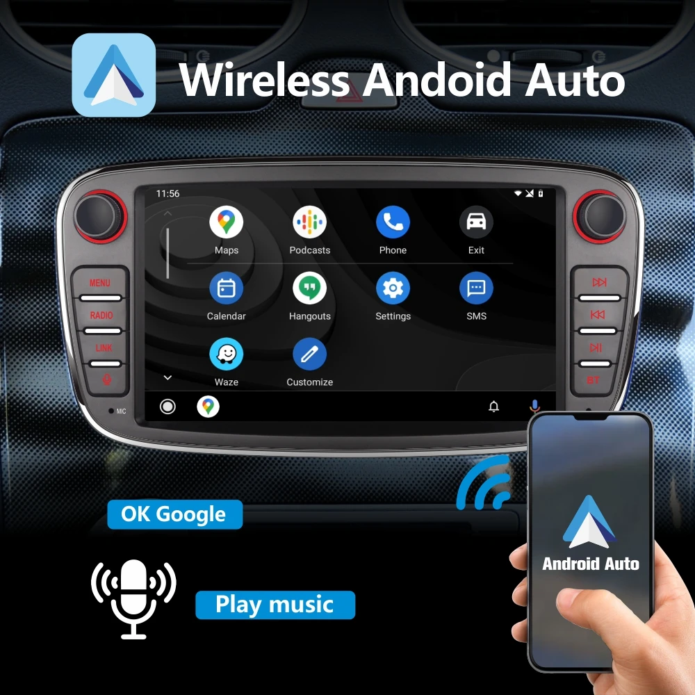 Car Radio with Wireless Carplay Android Auto for Ford Focus S-MAX C-MAX KUGA with 7\