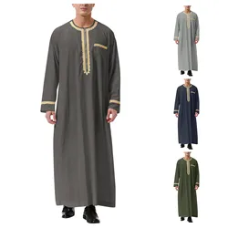 Men's Muslim Shirt Kaftan Islamic Royalty Dubai Robe O-Neck Long Sleeve Retro Tunics Abaya Arabic Traditional Costume Men's Robe