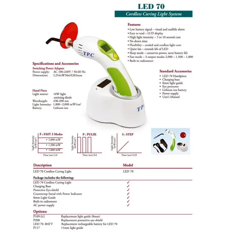 CE ISO Approved TPC LED70 10W Type Wireless LED Light Cure Unit Curing Light System with LCD Display