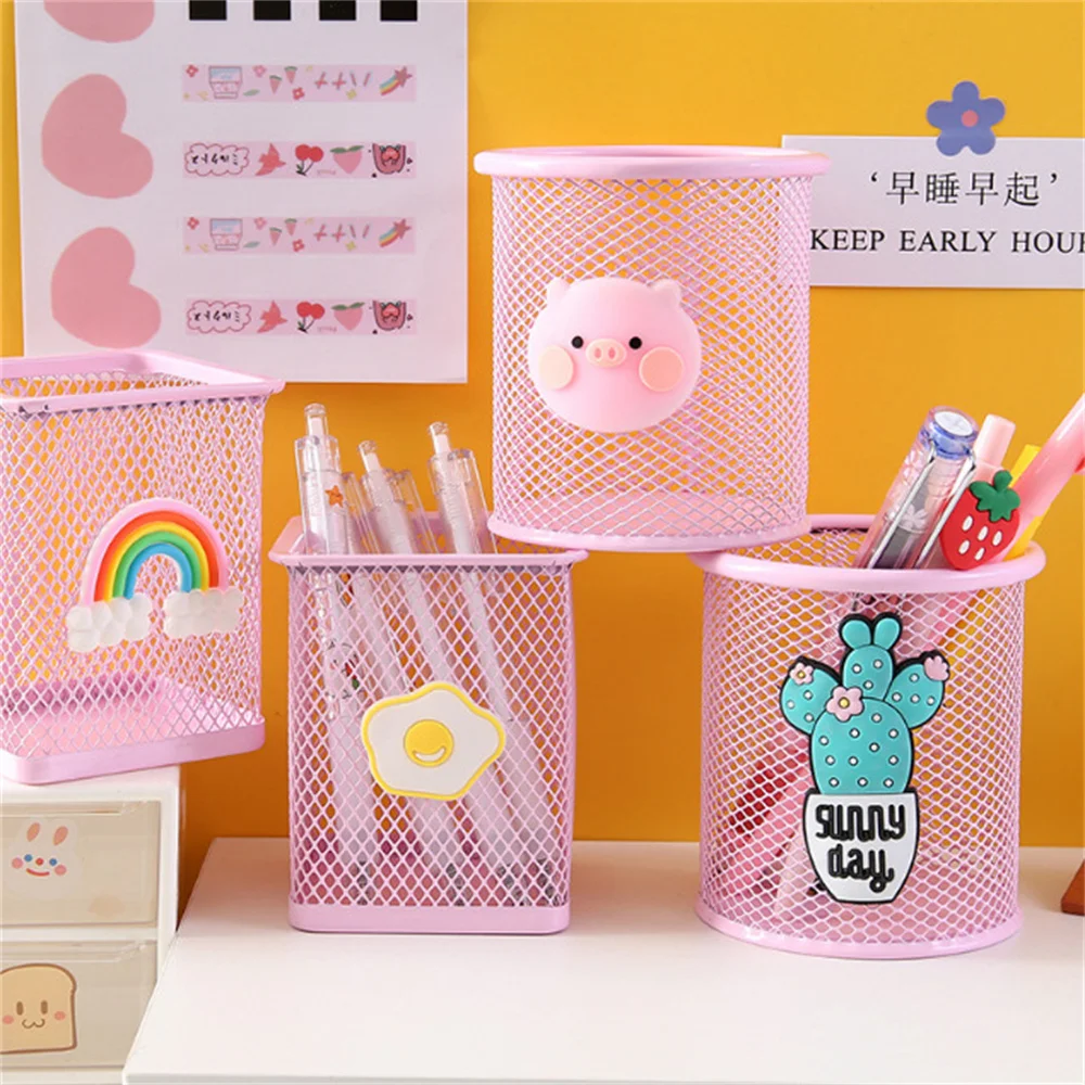 1pcs Kawaii Pink Dinosaur Iron Pen Holder Cartoon Cute Student Office Organizer Pencil Container Storage Box Desktop Decoration