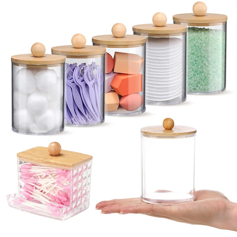 Multifunctional Makeup Cotton Pad Organizer Storage Box For Cotton Swabs Rod Bathroom Qtip Container With Bamboo Lid