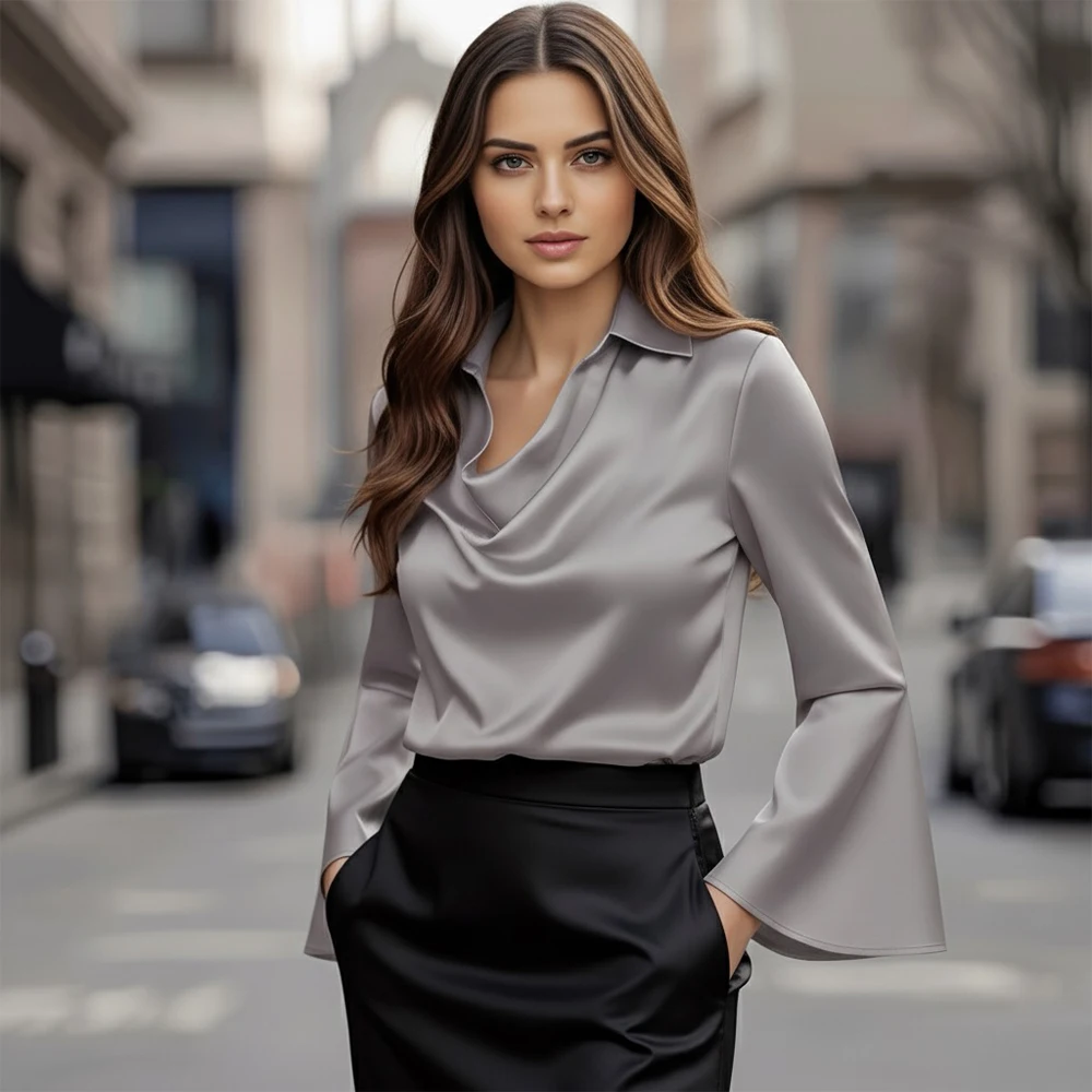 Abito a camicia primaverile Colletto alto autunnale Stile regolare Top da donna casual Design semplice ed elegante alla moda