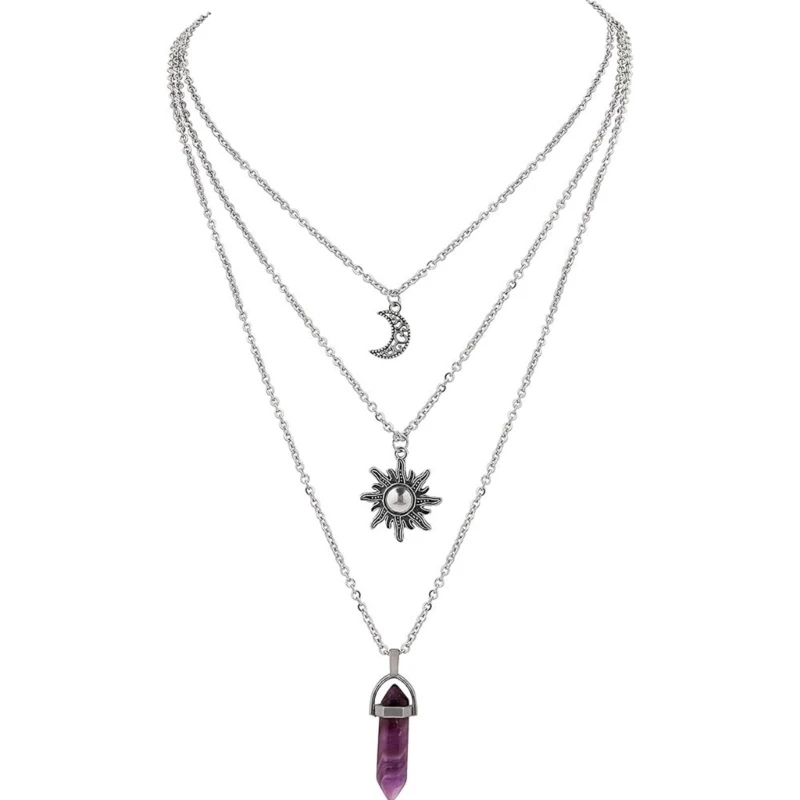  Gothic Necklace Triple Layer Sun Moon Black Crystal Charm Clavicle Chain Handmade Jewelry For Women Outfits