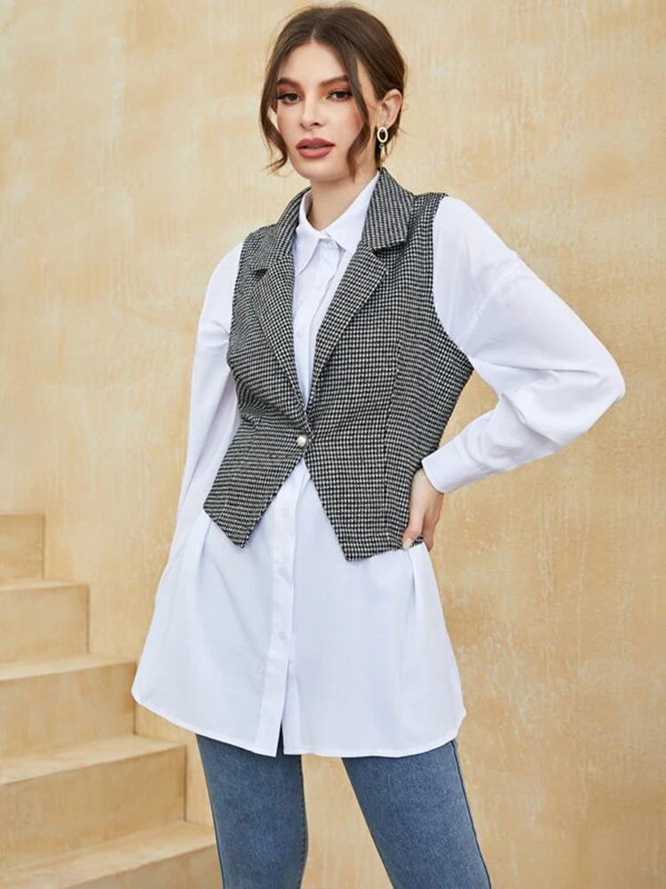 

Women's Sleeveless Jacket Houndstooth Single Button Temperament Classic Independent Waistcoat Simple Comfort Top жилет женский