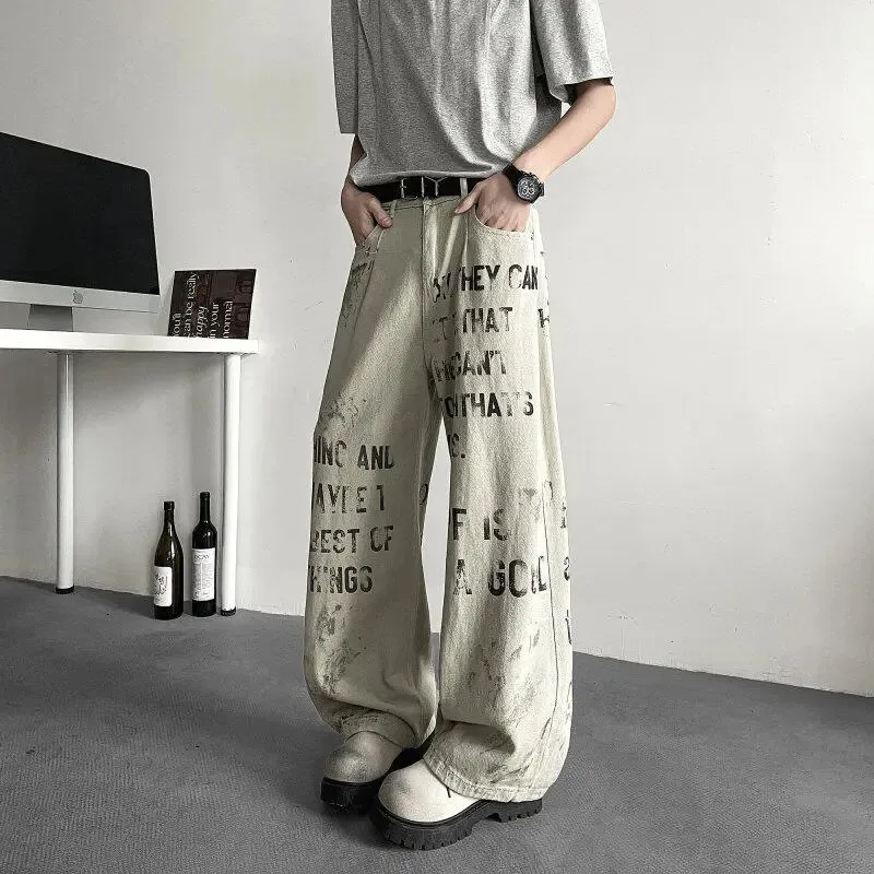 【Mirrordust】Autumn High Street Retro Distressed Slogan Letter Print Jeans Loose Wide-Leg Pants