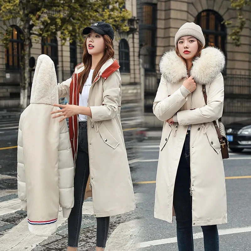 Chaqueta larga con forro de piel extraíble para mujer, Parka gruesa con capucha, ropa de nieve informal, abrigo cálido para invierno, novedad de 2023