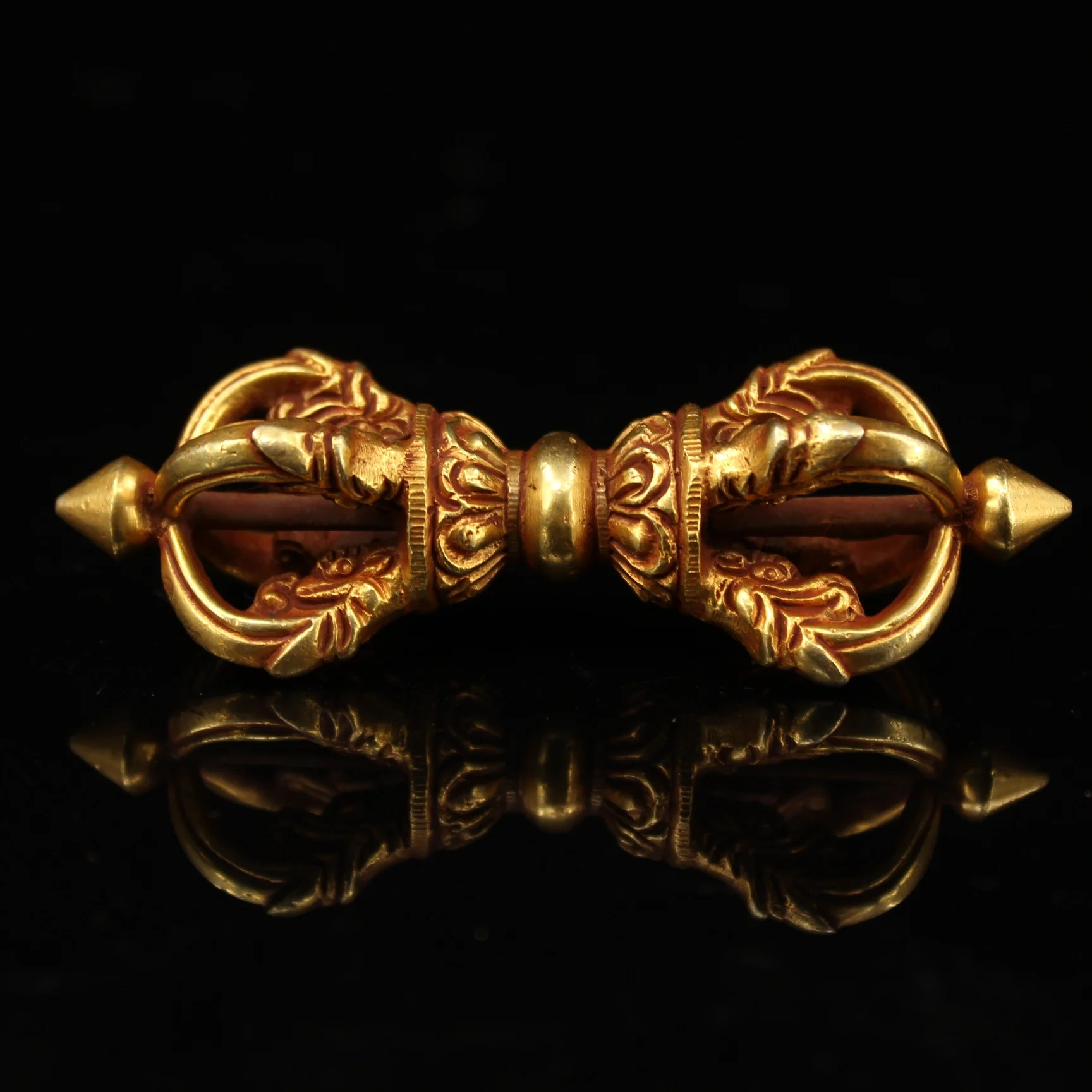 

4"Tibetan Temple Collection Old Bronze Cinnabar Gilded Animal Pattern Five shares Vajra Phurpa Pendant Amulet Dharma Town house