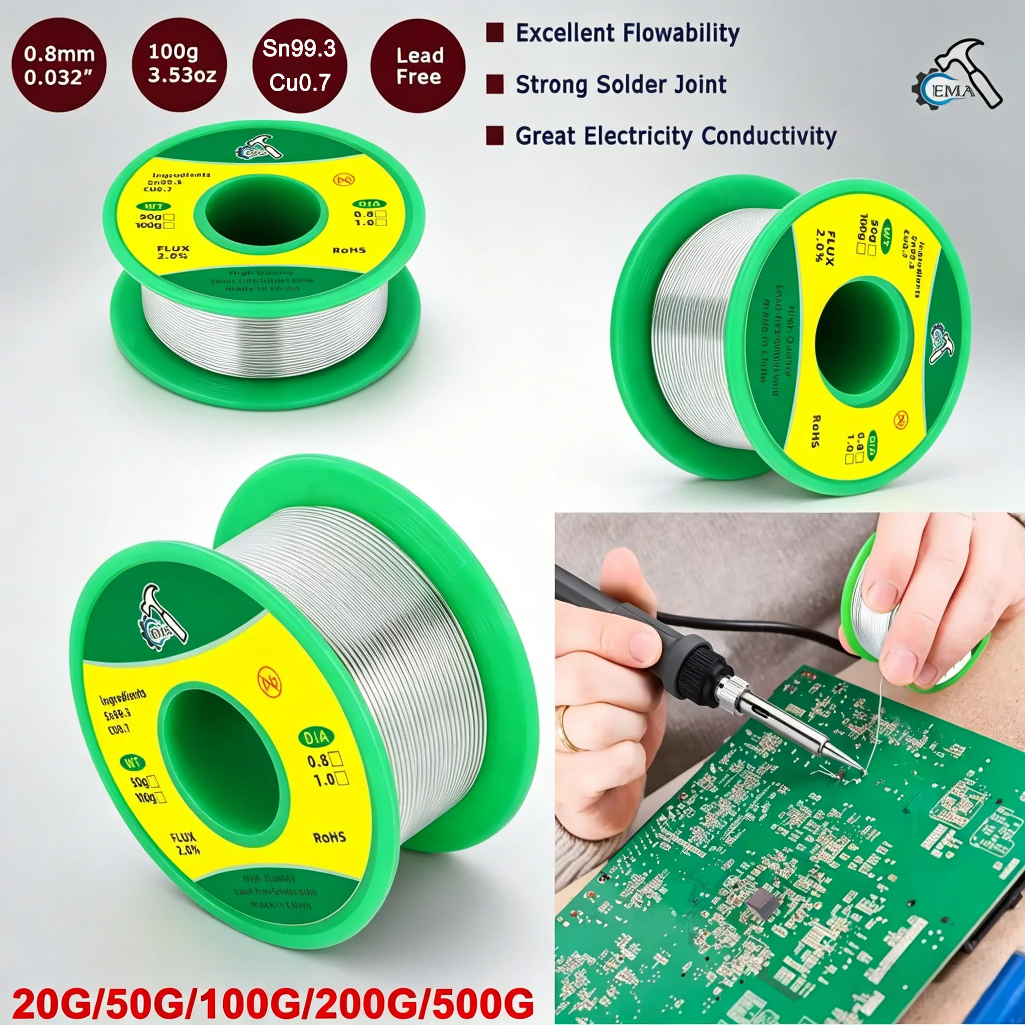 Fil à souder sans plomb fin 0,8/1 mm 20-500g, soudure électronique avec flux de colophane, fil de soudure électrique de calibre fin, soudure sans plomb de qualité supérieure