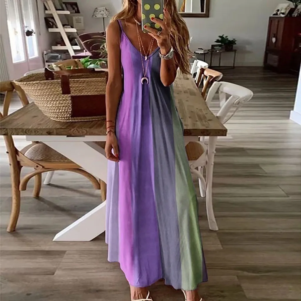 

Women Tie Dye Dress Stripe V-Neck Spaghetti Strap Sleeveless Slim Elegant Dresses Summer Beach Party Ankle Length Vestidos Jupe