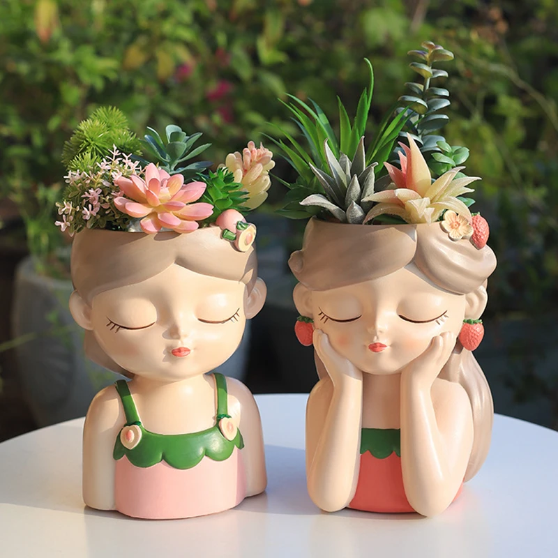 7 Inch Resin Flower Pot Cartoon Fruit Girl Planter Human Face Ornament Garden Decoration Figure Cherry Flowerpot