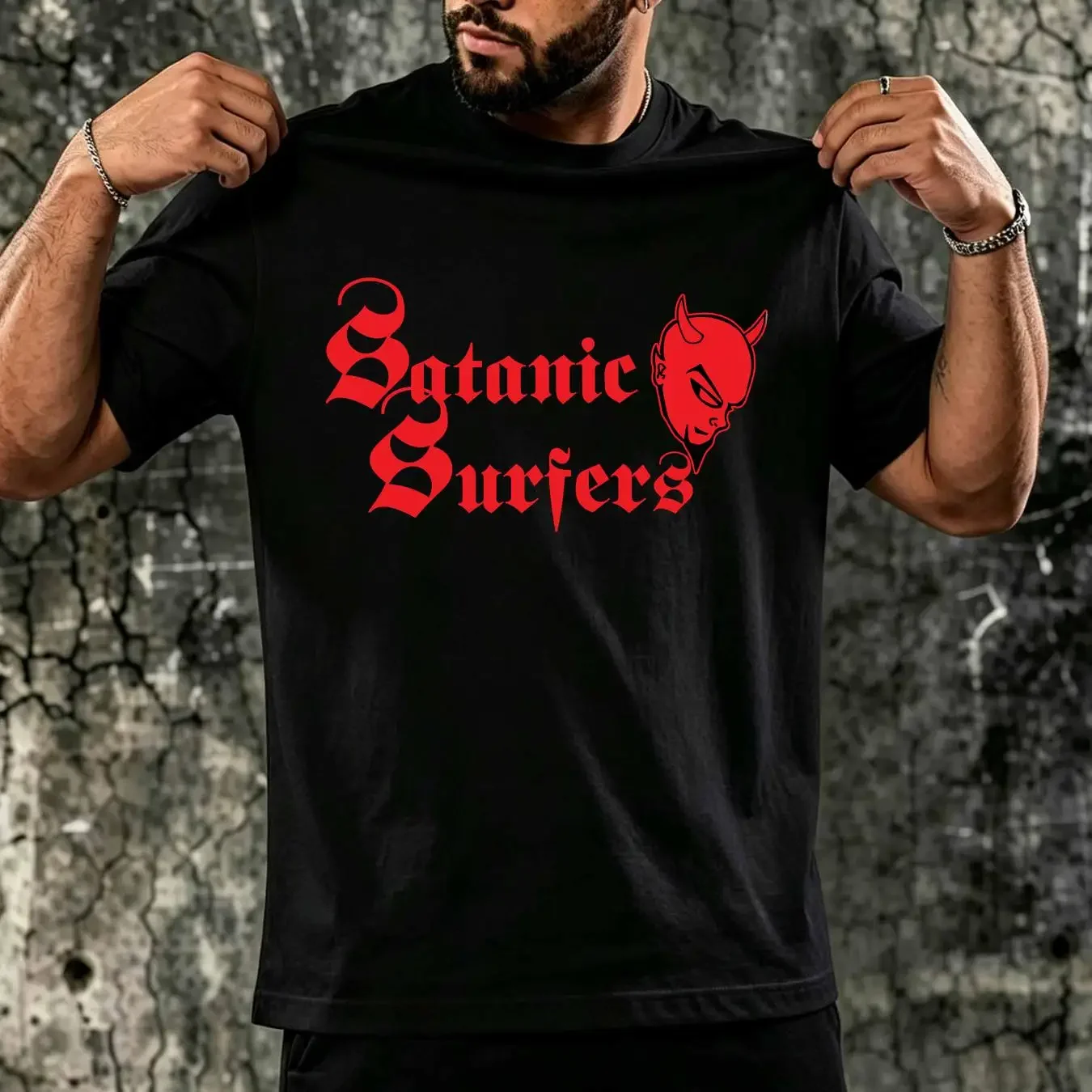 washed T Shirt SATANIC SURFERS 'Devil Logo' vintage Washed fashion Slightly streetwear Comfortable Soft Breathable Casual homme