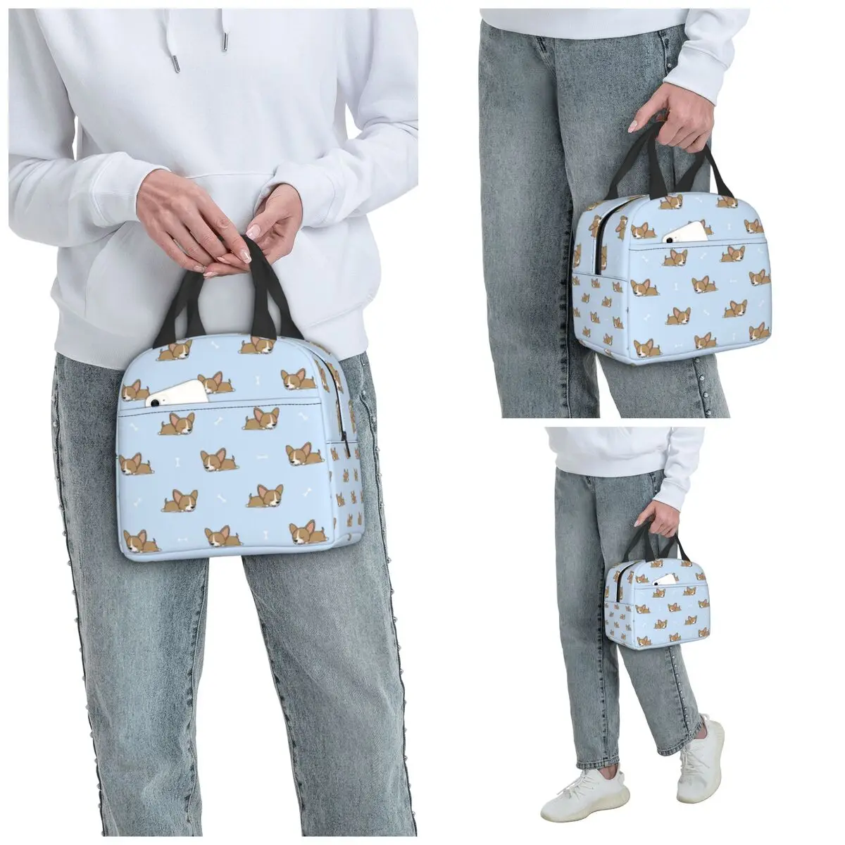 Corgi Puppy Lie Down In Blue Background Insulated Lunch Bag for Kids Cooler Thermal Food Box Tote Portable Lunch Boxes Container