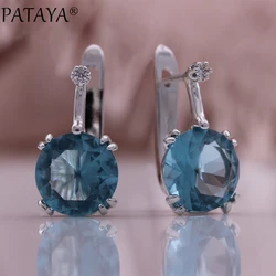 PATAYA New Round Earrings Women Wedding Party Luxury Fashion Jewelry White Gold Color Sea Blue Natural Zircon Earrings
