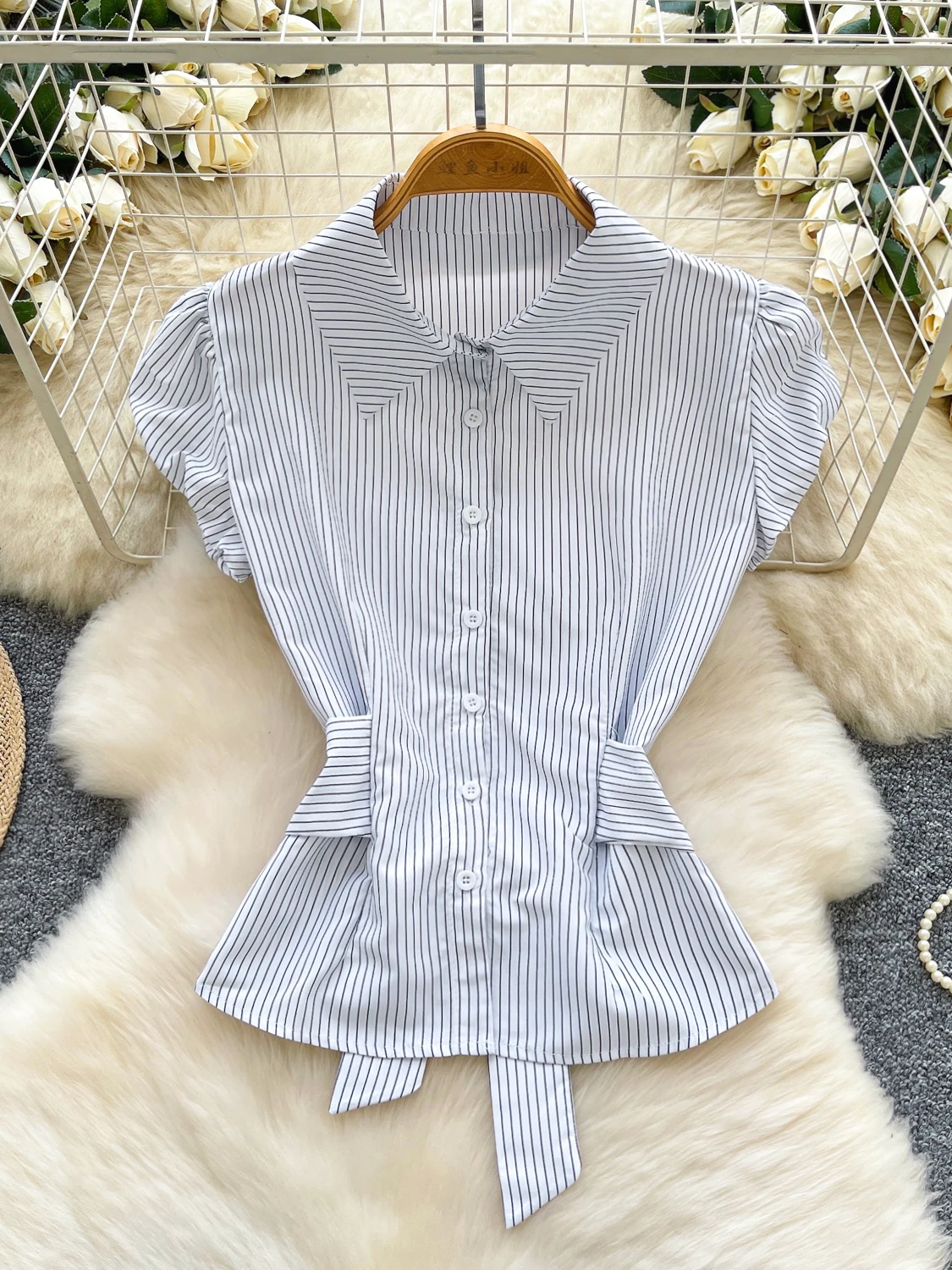 

Women's Bubble Sve Striped irt Knot Waist Cinched ort Top Korean Sle Casual Breathable Polyester Fiber