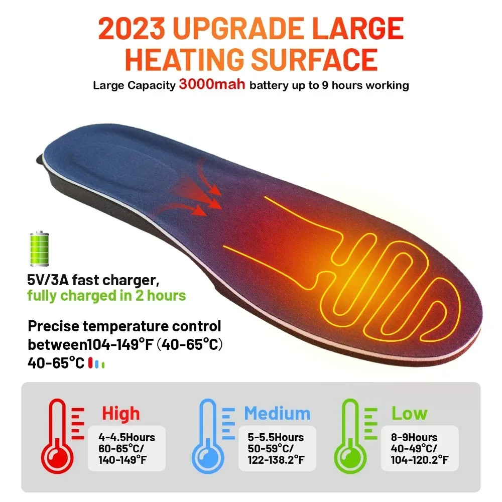 

USB Heated Insoles for Shoes, Foot Warmer, 3000mAh Power LED Digital Display, Remote Control, Camping, Hiking, Ski Insoles