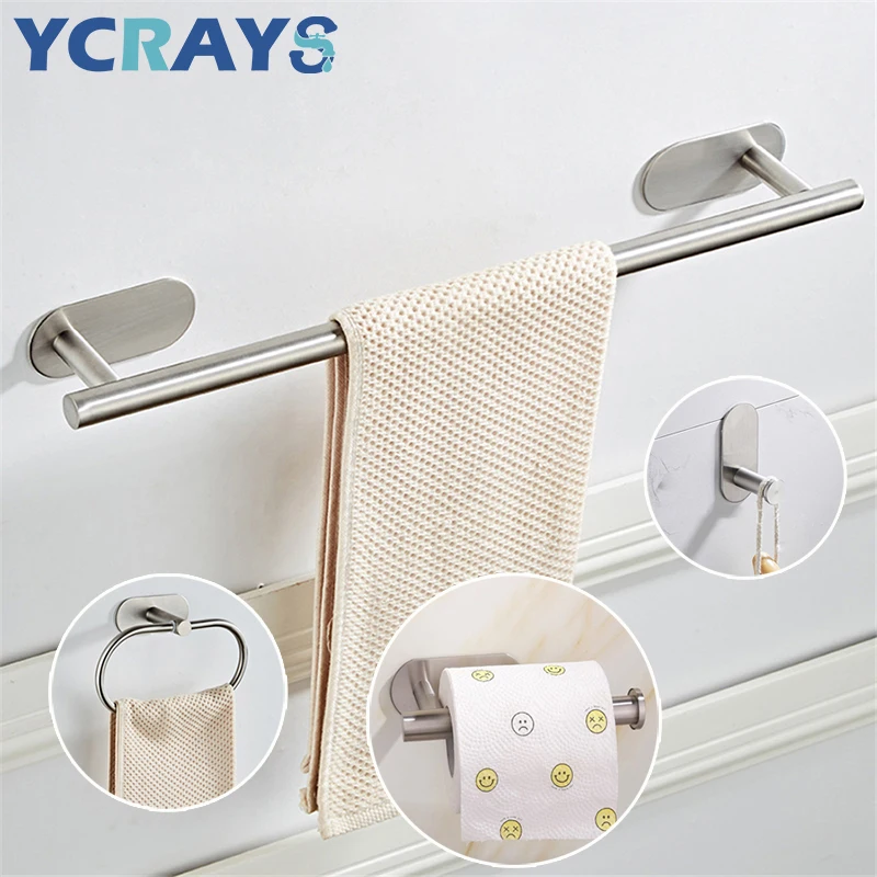 YCRAYS No Drilling Brushed Bathroom Accessories Sets Toilet Tissue Roll Paper Holder Towel Rack Bar Rail Ring Robe Hook Hardware