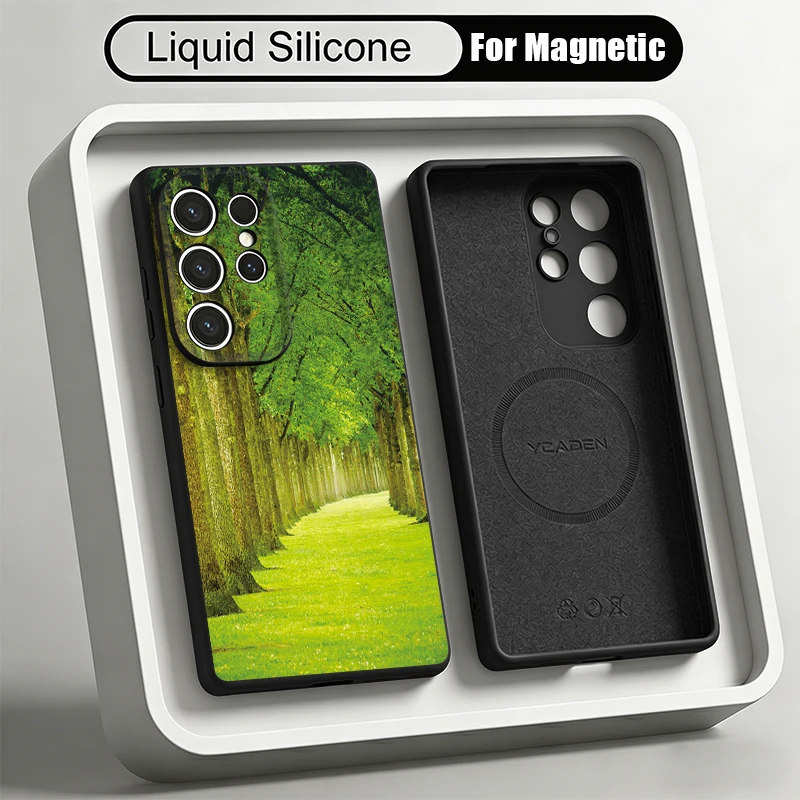 Liquid Silicone Magnetic Phone Case For Samsung Galaxy S26 S25 S24 Ultra Plus S23 S22 Ultra Snow Mountain Patterned Soft Cover