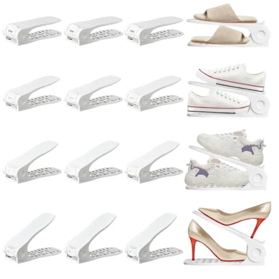 

Shoe Slots Organizer 16 Pack Adjustable 4 Level Shoe Stacker Shoe Storage Shoes Space Savers 50 White Plastic Double Deck Shoes