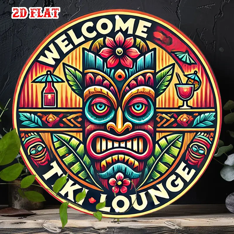 2D Flat - One-Piece 2D Flat Welcome Tiki Round Wall Decoration, Lounge Decor, Tropical Flowers Round Wall Art, Exotic Vibes Dura