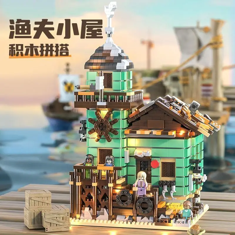 5800pcs Fisherman Hut Cabin Micro Bricks Retro Seaside House Cottage Building Blocks Creative Desktop Ornament Assembly Toy Gift