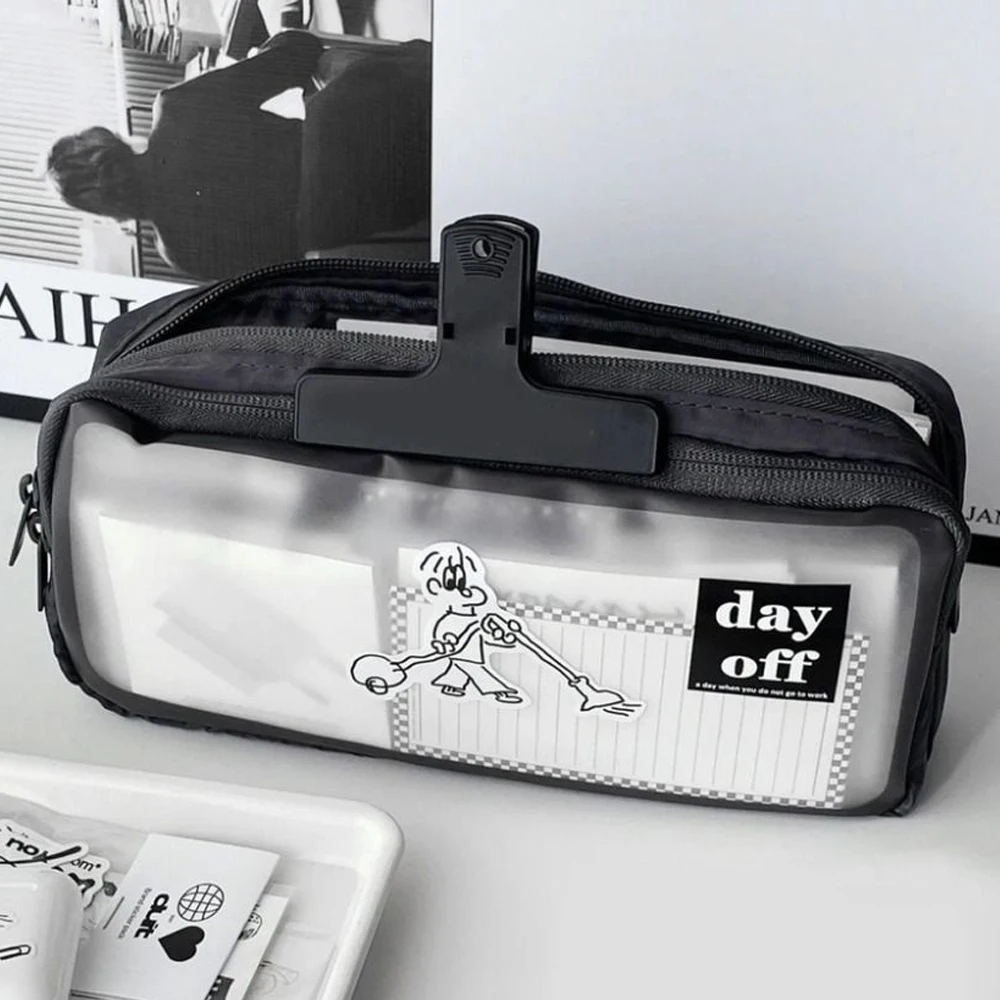 Large Capacity Pencil Case Black Matte Frosting Pen Bag Transparent Double Zipper Stationery Bag Learning Supplies Student Gift