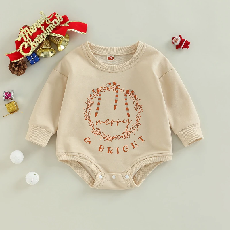 Infant Christmas Outfit Baby Boy Girl Christmas Romper Bodysuit Letter Print Long Sleeve Crewneck Pullover Sweatshirt Top