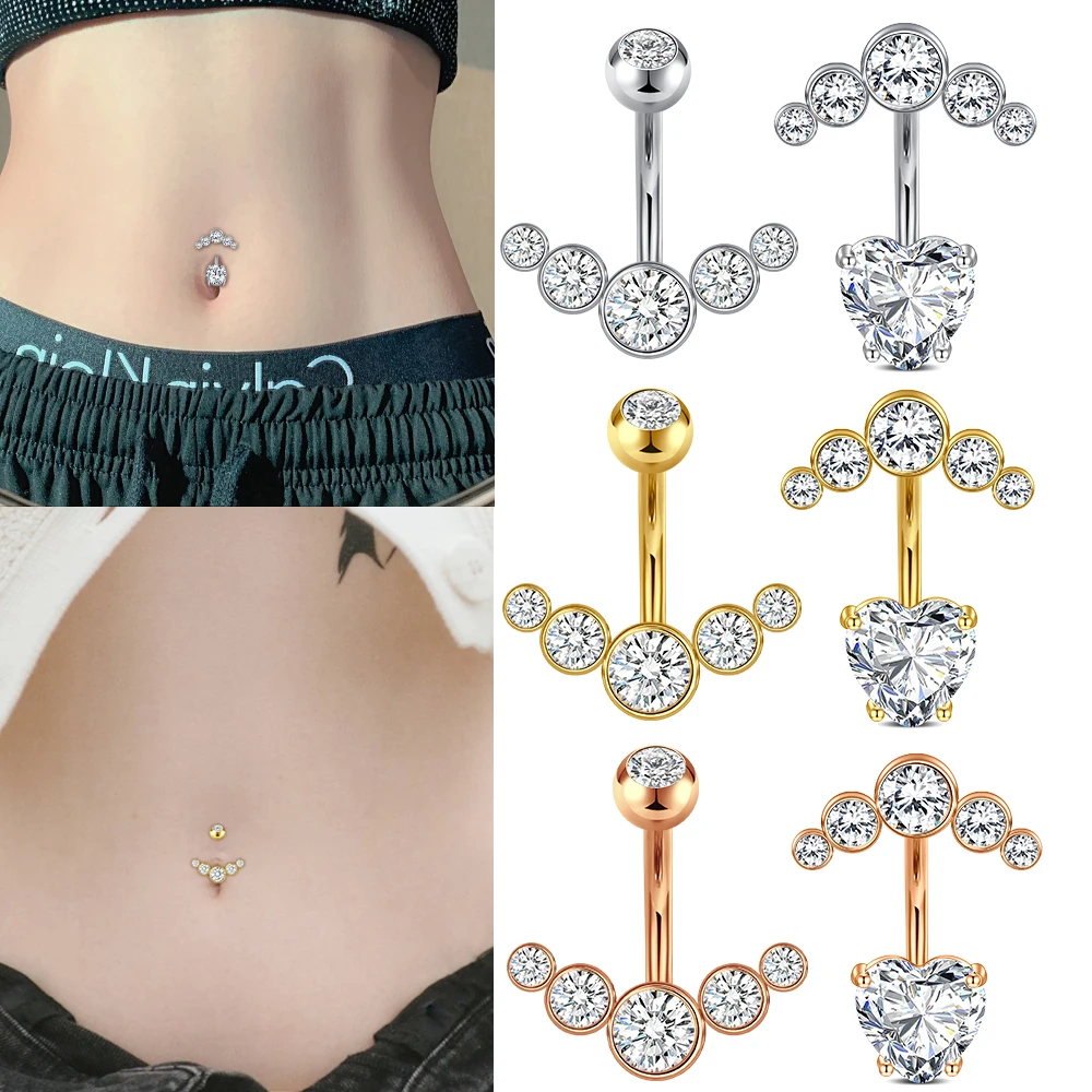 

2pcs Belly Button Rings Stainless Steel Belly Ring 10mm Heart Zircon Crystal Navel Ring Hoops Clicker Belly Piercing Jewelry
