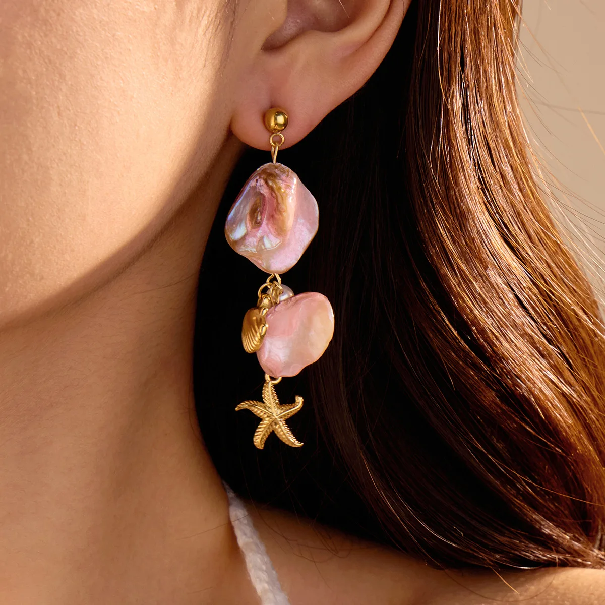 

Personalized Stainless Steel Earrings Europe America Style Pink Seashell Starfish EarDrop Women's Pearl Titanium Steel Jewelry