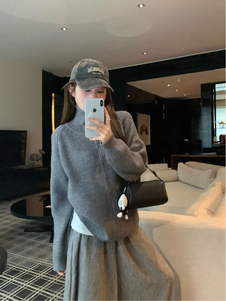 

ay Simple High Collar Open Cardigan Sweater Women's Casual Loose Knitted Zipper Top Autumn New Arrival Faion Commute