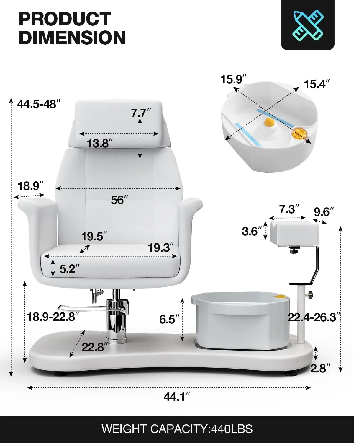 Fotel do pedicure bez instalacji wodno-kanalizacyjnej dla Nail Tech, ulepszony obrotowy 360° podnośnik hydrauliczny rozkładana stacja do pedicure z podnóżkiem i miską, pedicure