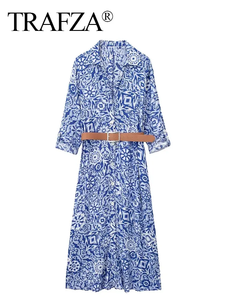 TRAFZA Women Fashion Floral Print Dress Vintage Long Sleeve Button Shirt Dress With Belt Summer Female Midi Dresses Streetwear