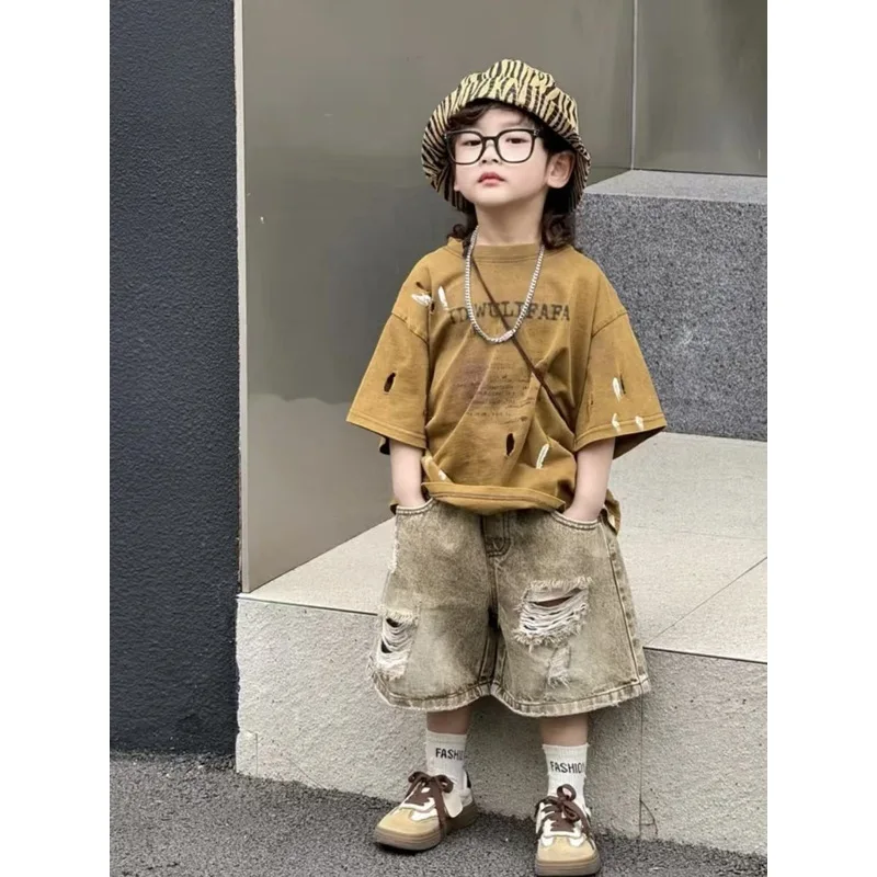 

Boys 2026 Summer Set Fashion Denim Shorts Retro Simple Short Sleeve Two Piece Set