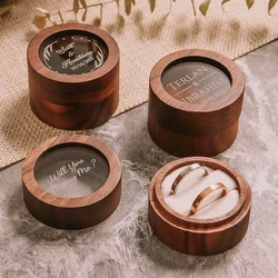 Personalized Round Wedding Ring Box Custom Wooden Engagement Double Slots Ring Bearer With Acrylic Lid And Wooden Base
