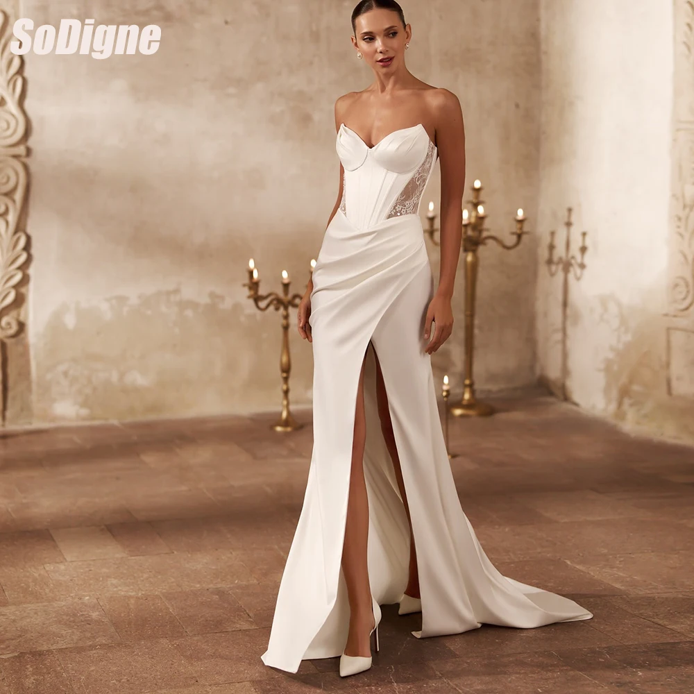 

SoDigne Mermaid Long Wedding Dresses Sleeveless Sweetheart Satin Bridal Dress Split Wedding Gown Robe De Mairee Customized