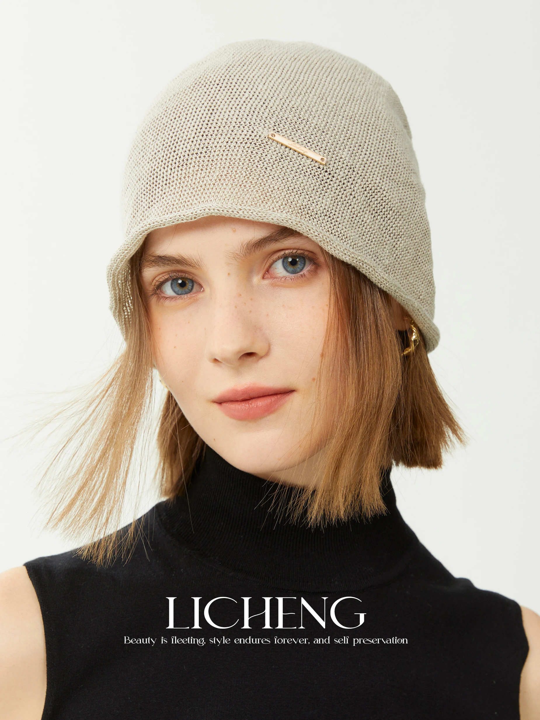 licheng-ハイエンドリネンニット帽子女性の春夏通気性のあるカフ付きルーズピュアカラー多用途コールドキャップ